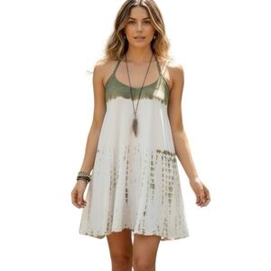 Umgee Medium Cream Green Tie Dye Mini Racerback Dress Boho Neutral Hippy